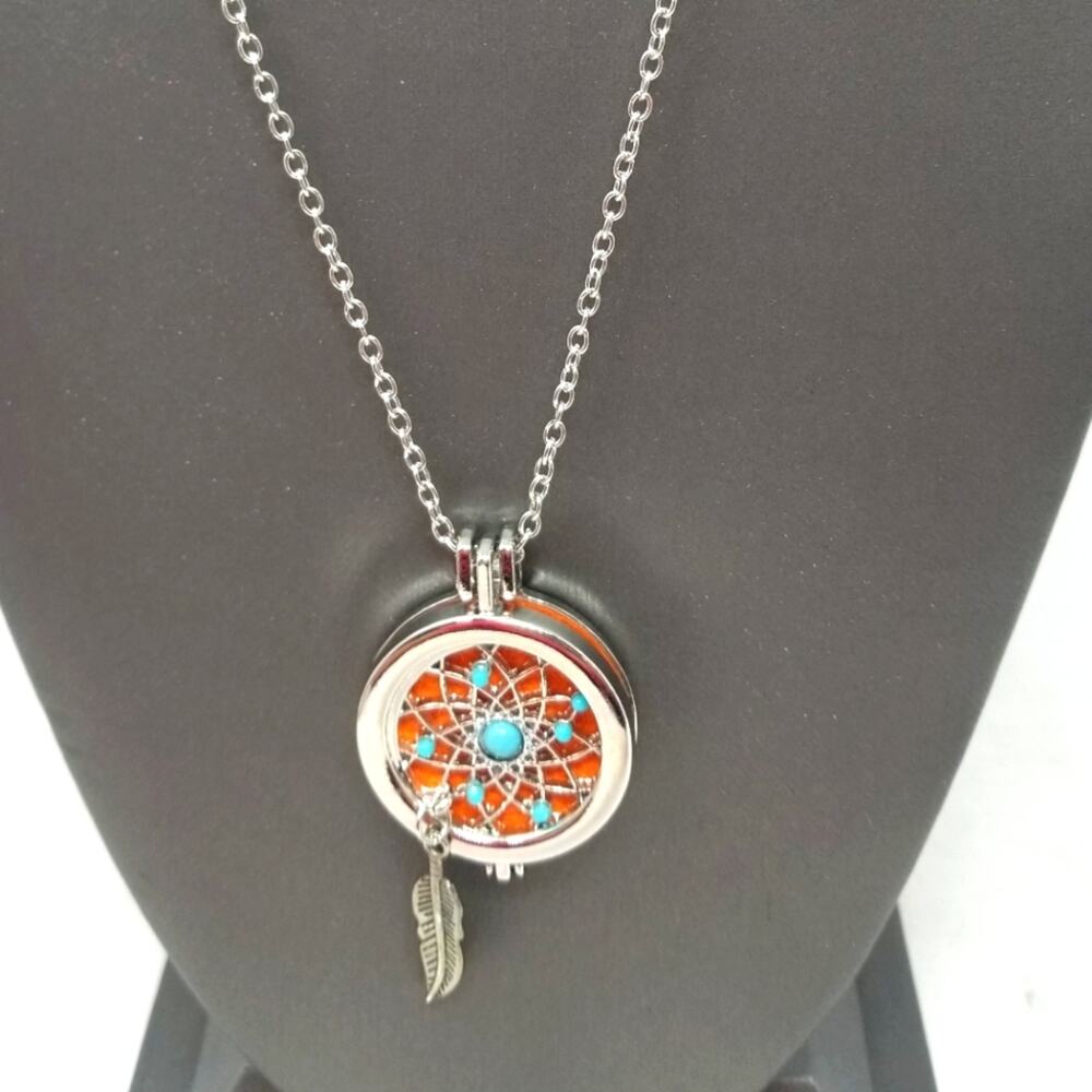 Native Aromatherapy Diffuser Necklace Silver Turquoise Dream Catcher with Chain‎